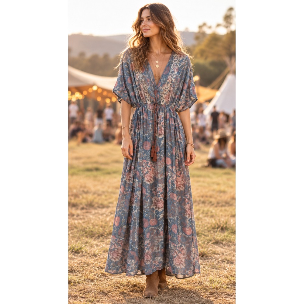 World Market Women Blue Boho Floral Embroidered Tassel Maxi Dress festival S/M
